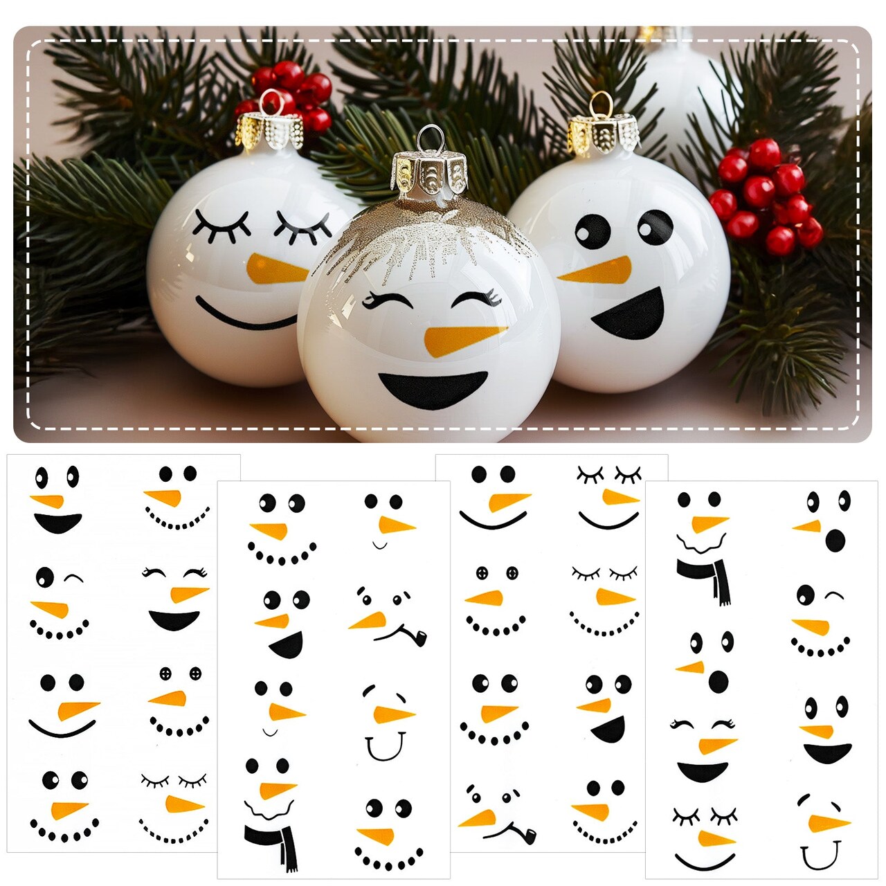 Wrapables Snowman Face Stickers for Crafts, Christmas Decoration for Windows, Refrigerators, Water Bottles, Cups (Set of 32), Classic